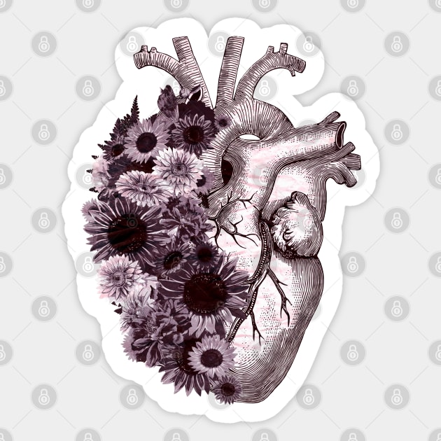 Human Heart autumn watercolor with suflowers and daisies, purple flowers, Heart, anatomical body, Human heart Sticker by Collagedream